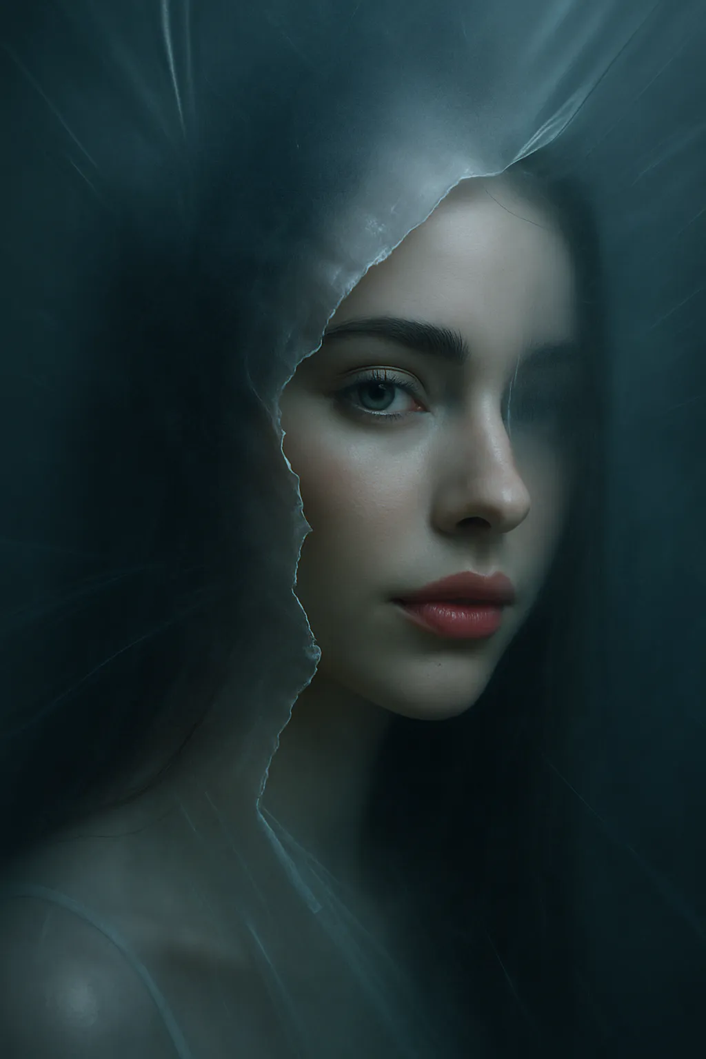 Create an image of the person behind the nylon curtain