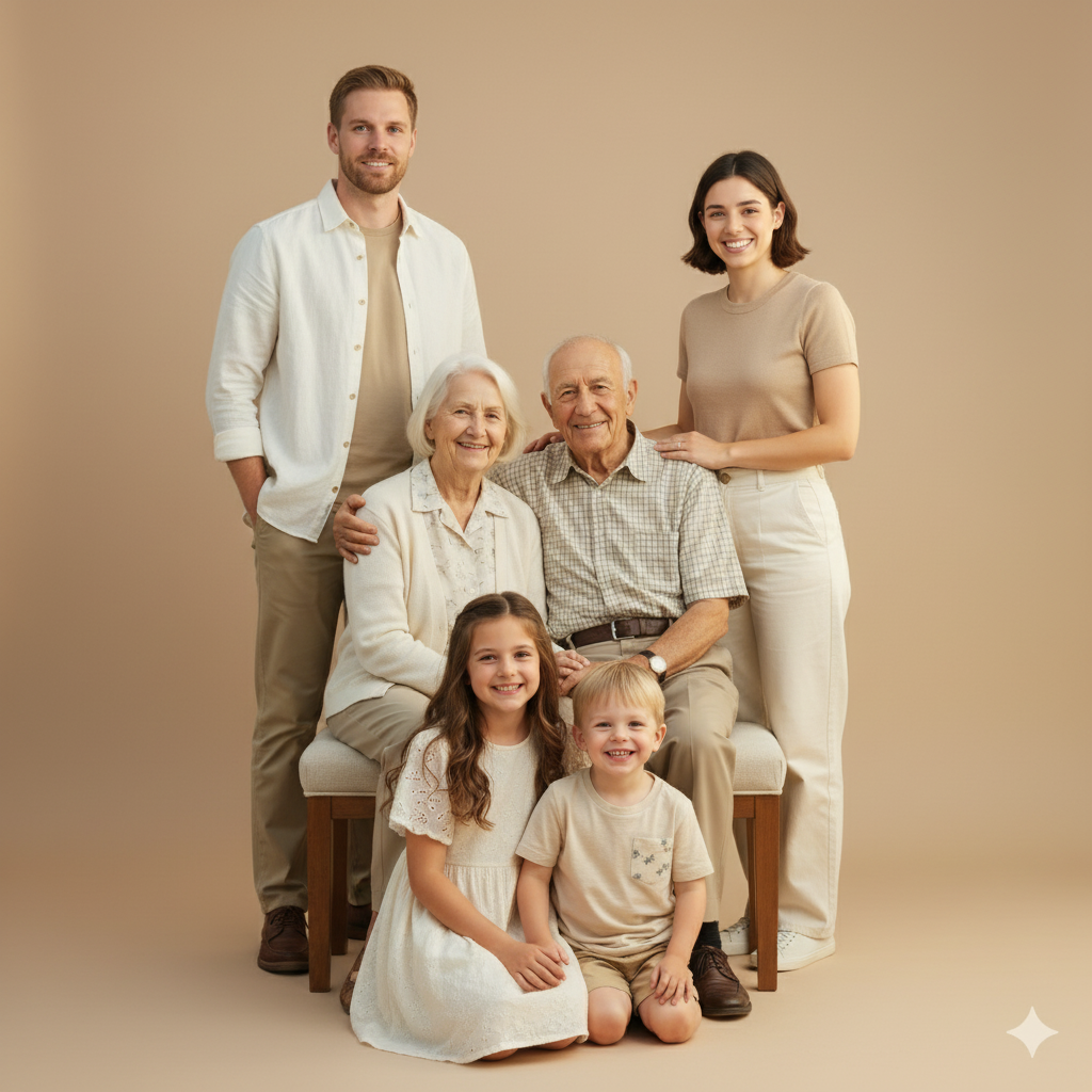 Three-generation Family Studio Portrait Prompt sample output