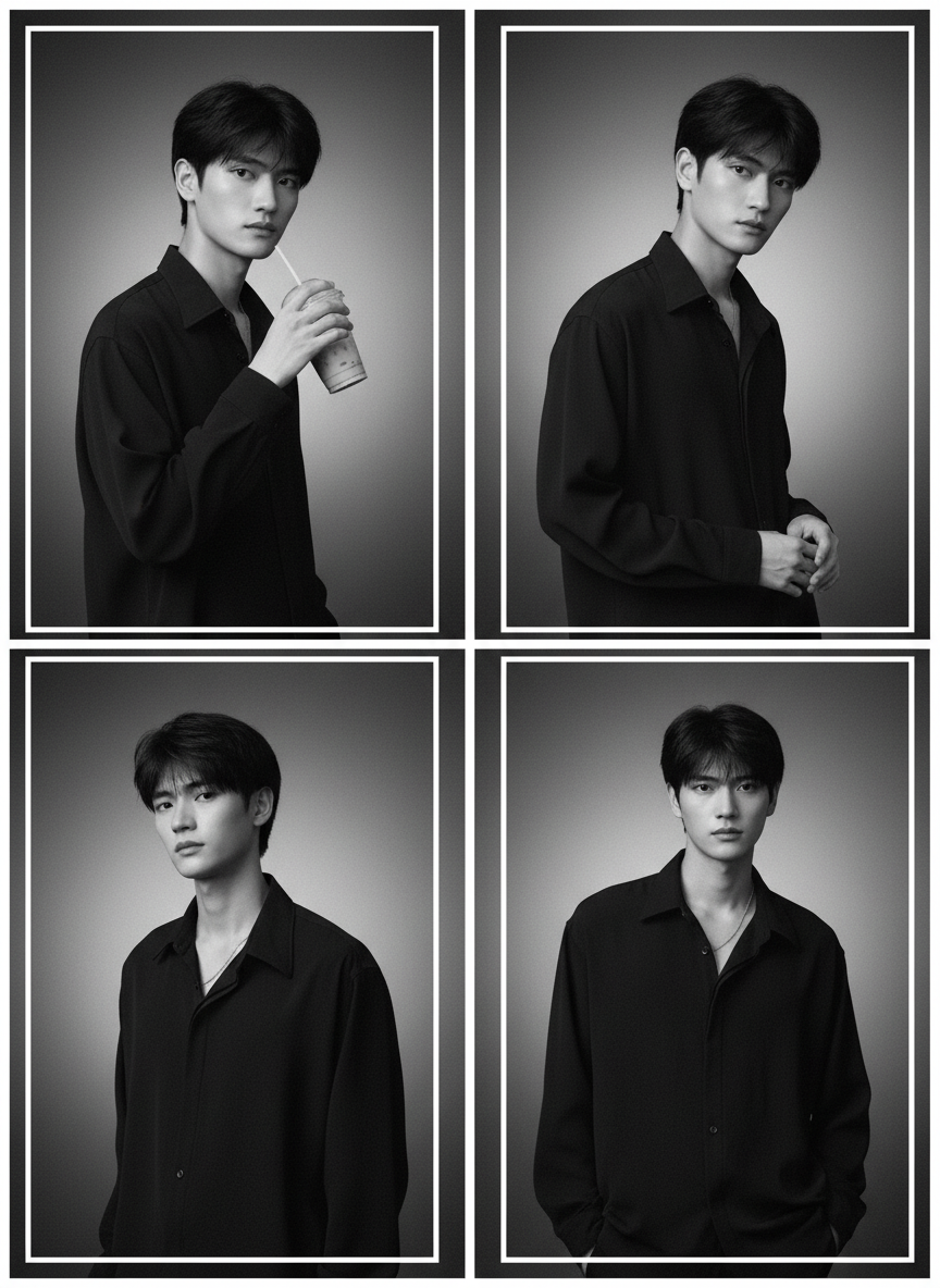 Monochrome Quad Grid with Exact Face and Uniform Outfit sample output