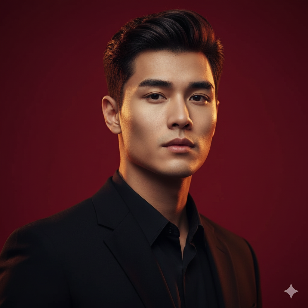 Crimson Contrast – Half-Body Golden Shadow Portrait sample output