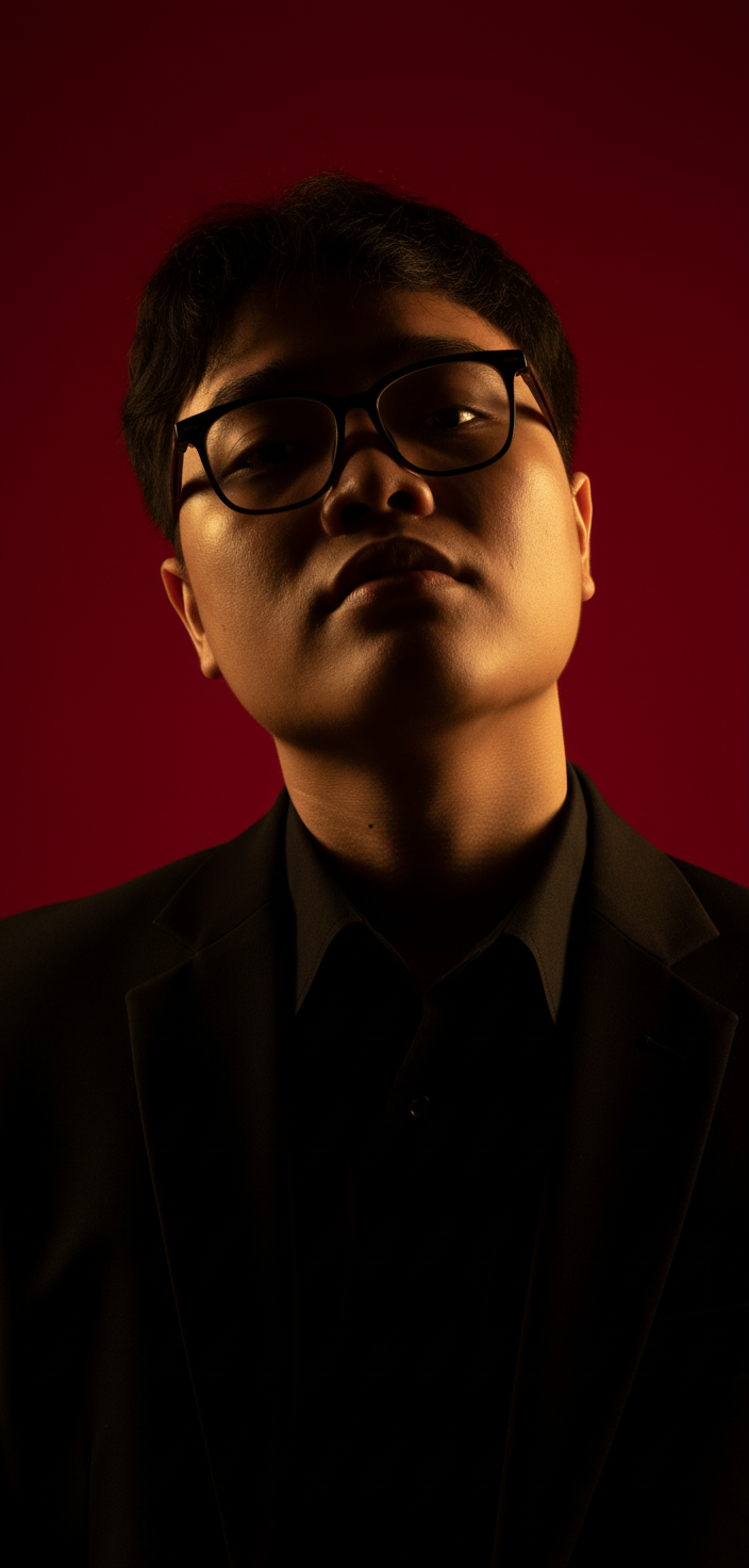 Crimson Contrast – Half-Body Golden Shadow Portrait