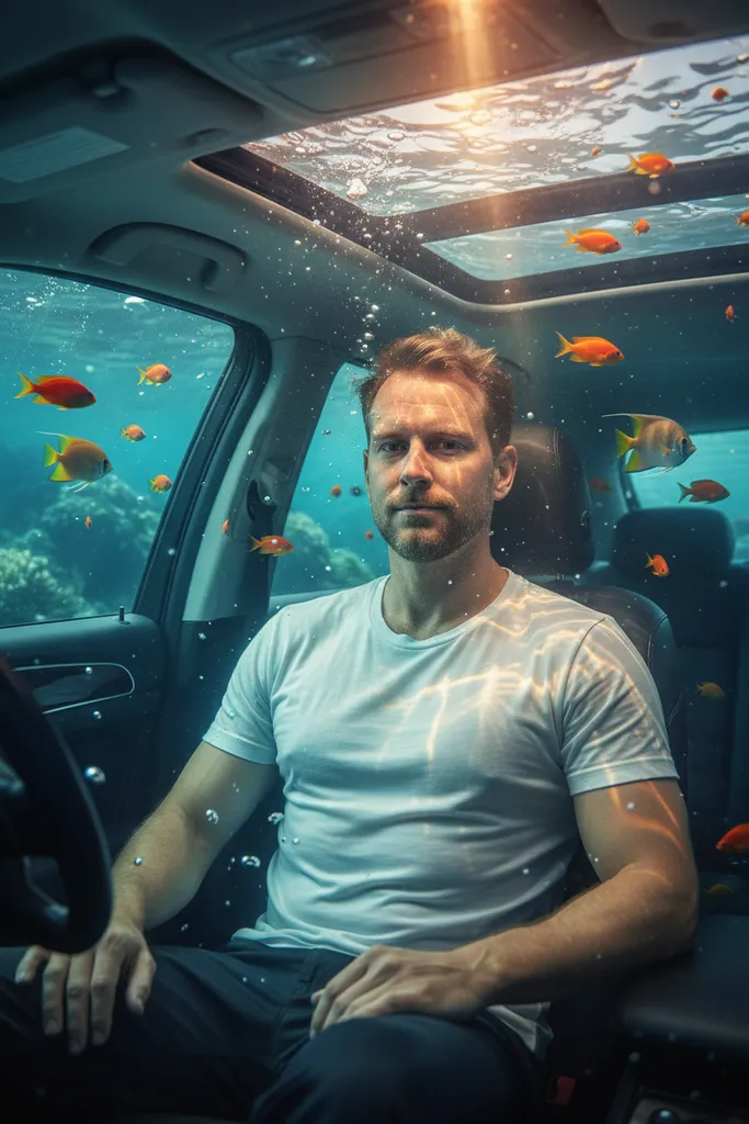 Cinematic Underwater Car Portrait sample output