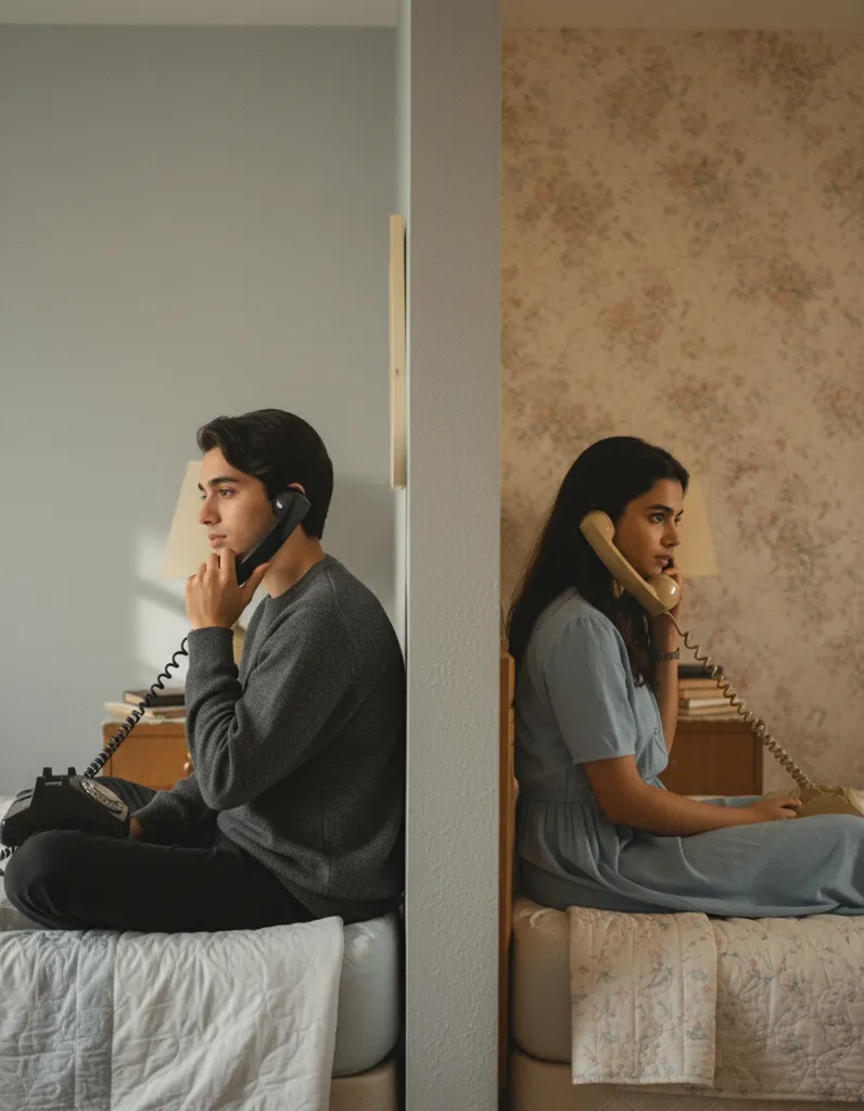 1980s Cinematic Couple Split-Bedroom Editorial sample output