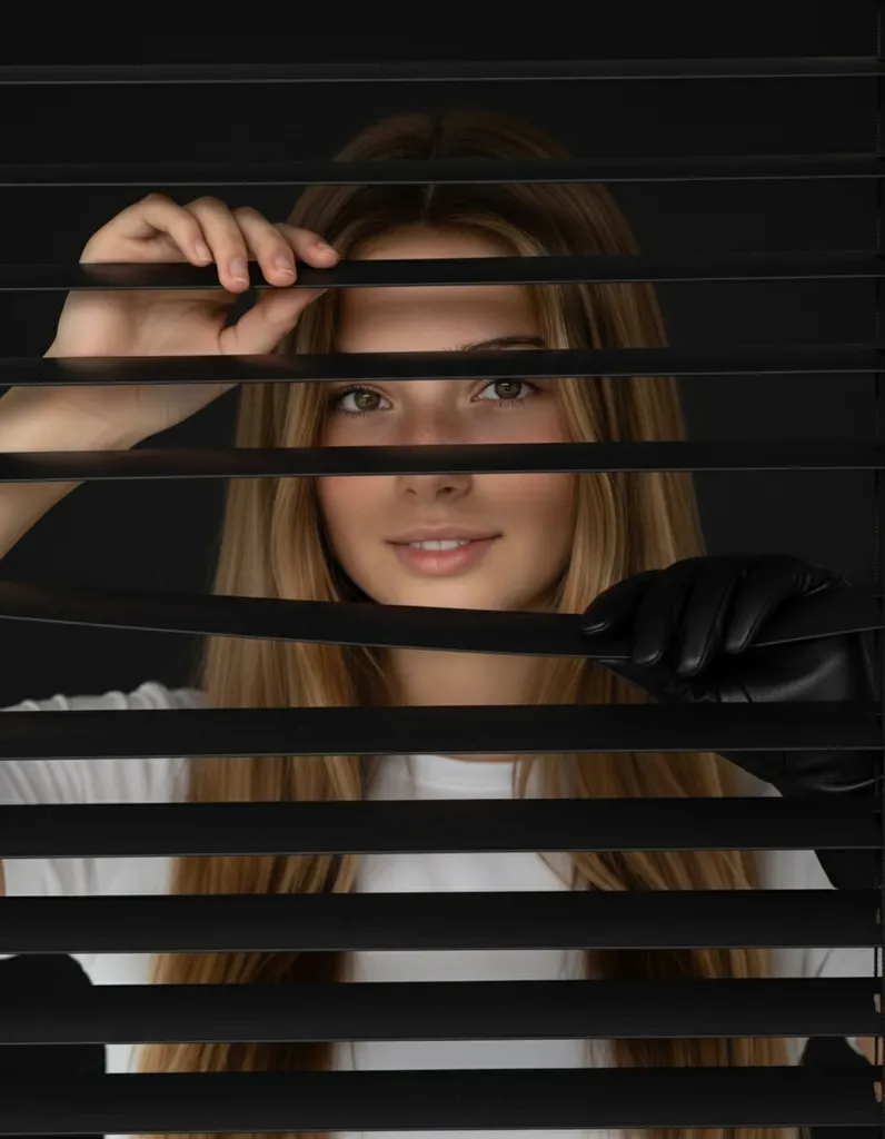Shadow Glimpse - Elegant Portrait Behind the Blinds sample output