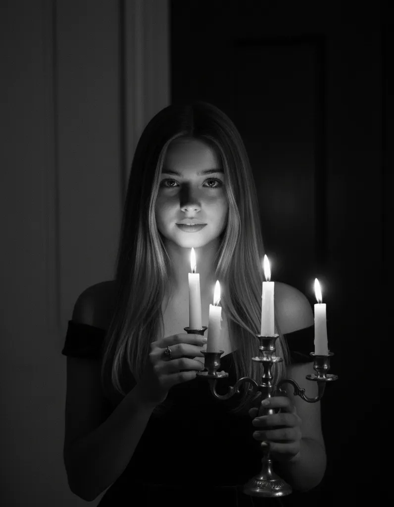 Noir Candlelight Portrait — Black-and-White Cinematic Photo sample output