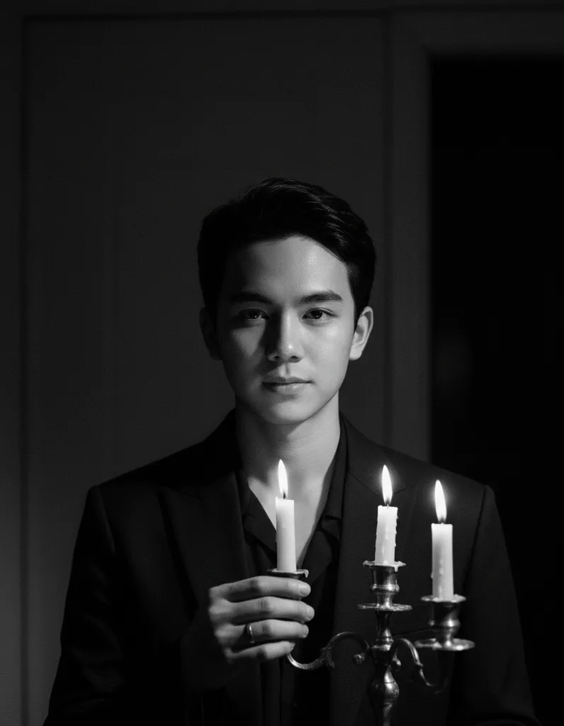 Noir Candlelight Portrait — Black-and-White Cinematic Photo sample output