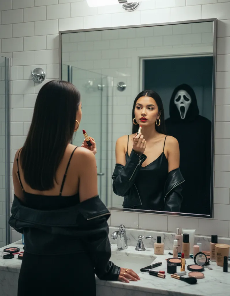 Ghostface Reflection — Cinematic Halloween Mirror Scene sample output
