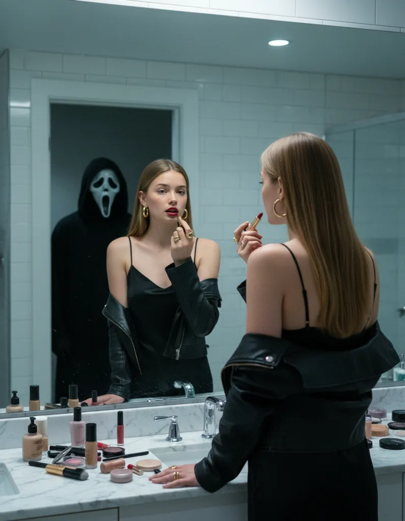 Ghostface Reflection — Cinematic Halloween Mirror Scene sample output