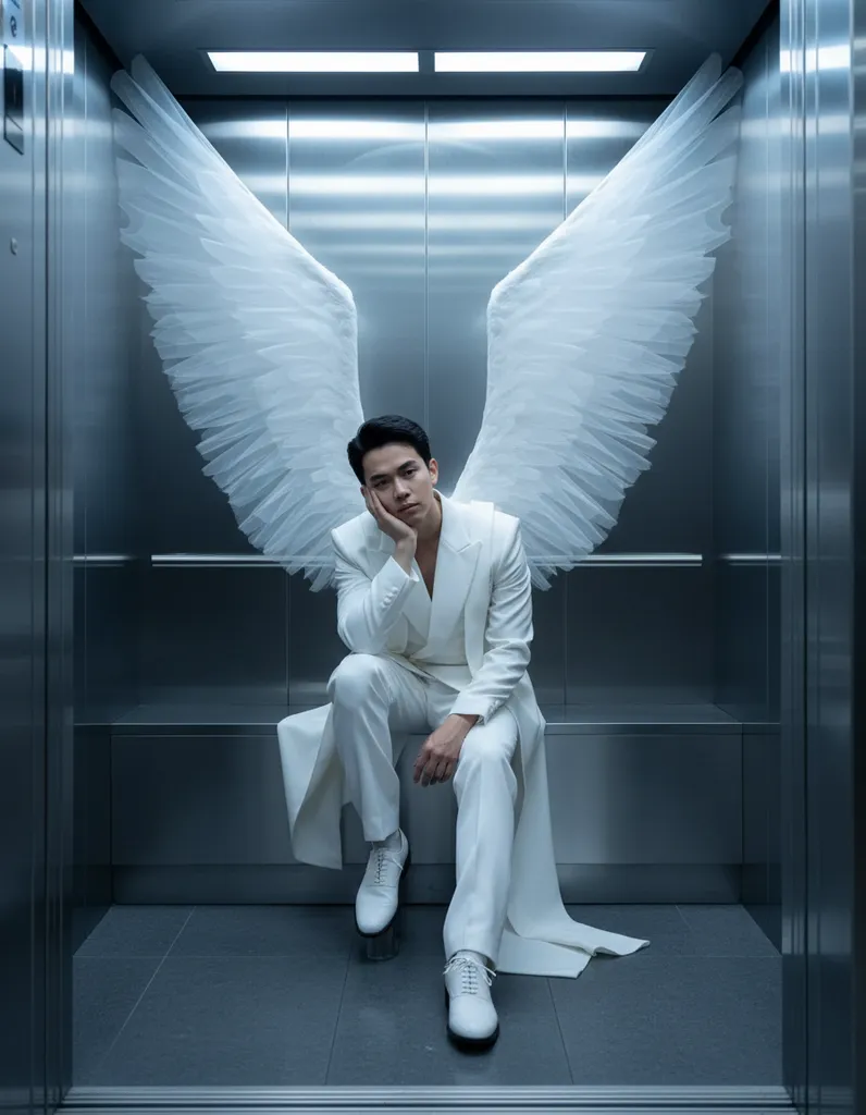 Elevator Angel — High-Fashion Cinematic Portrait sample output