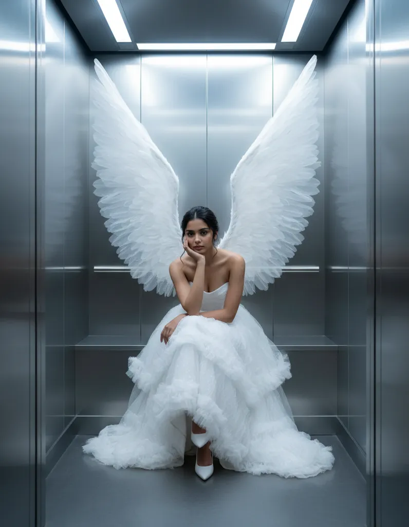 Elevator Angel — High-Fashion Cinematic Portrait sample output