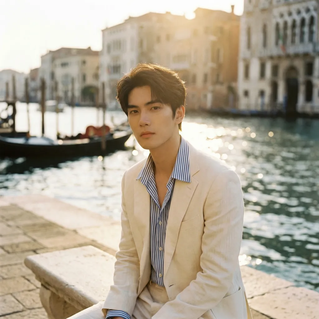 Young man: cinematic outdoor portrait emphasizing warm backlighting